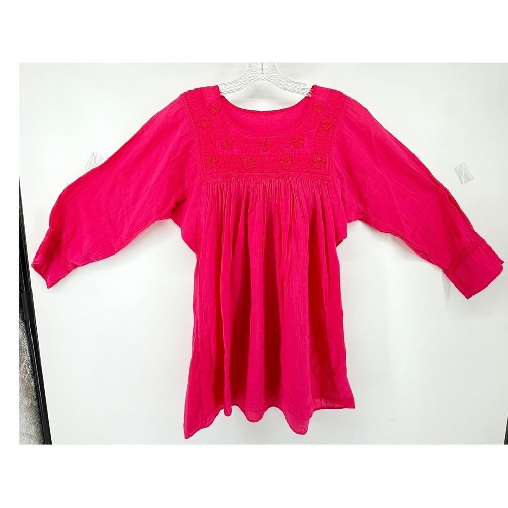 Pink Embroidered Floral Tunic Top Square Neck Long Sleeve Gauze Boho Blouse